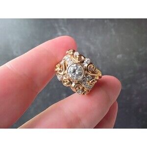 Gold 925 Sterling Silver CZ Statement Ring, Size US 8.25 Vintage